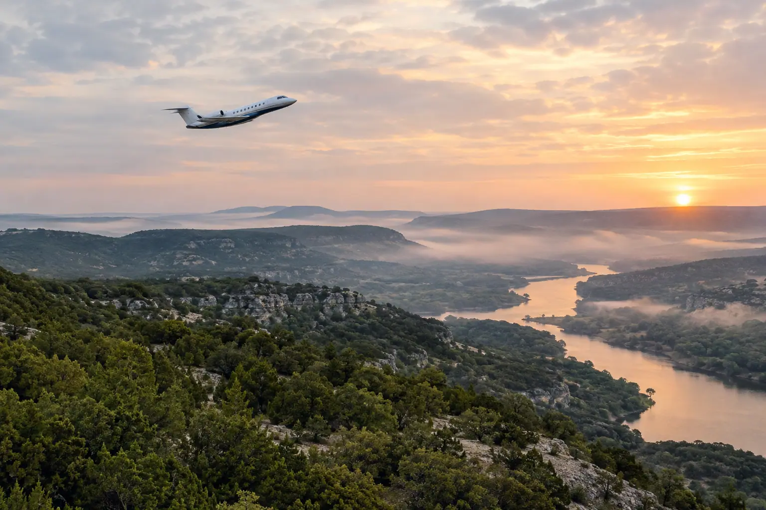 Private jet climbing out over Austin