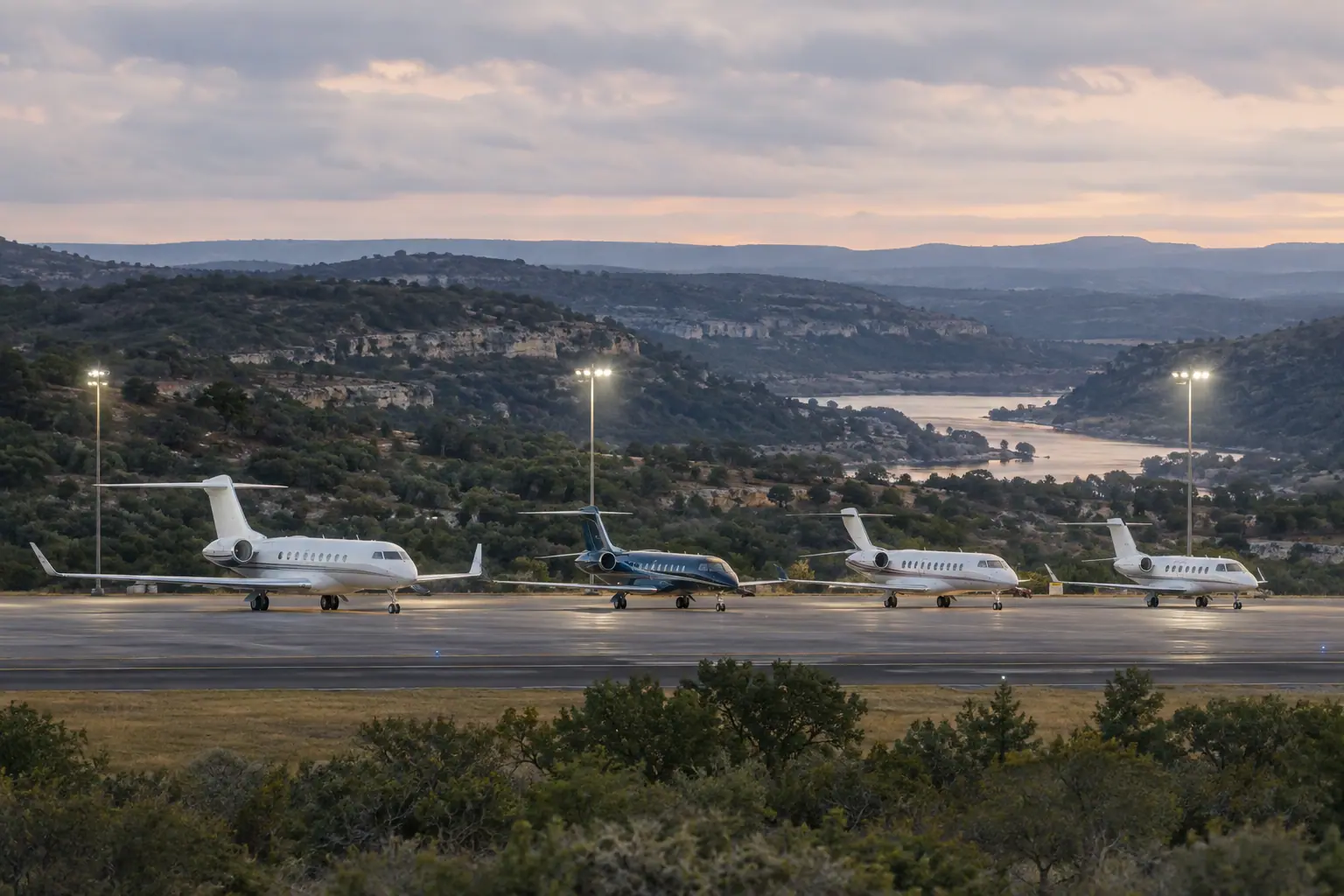 Business jets of different sizes on a ramp