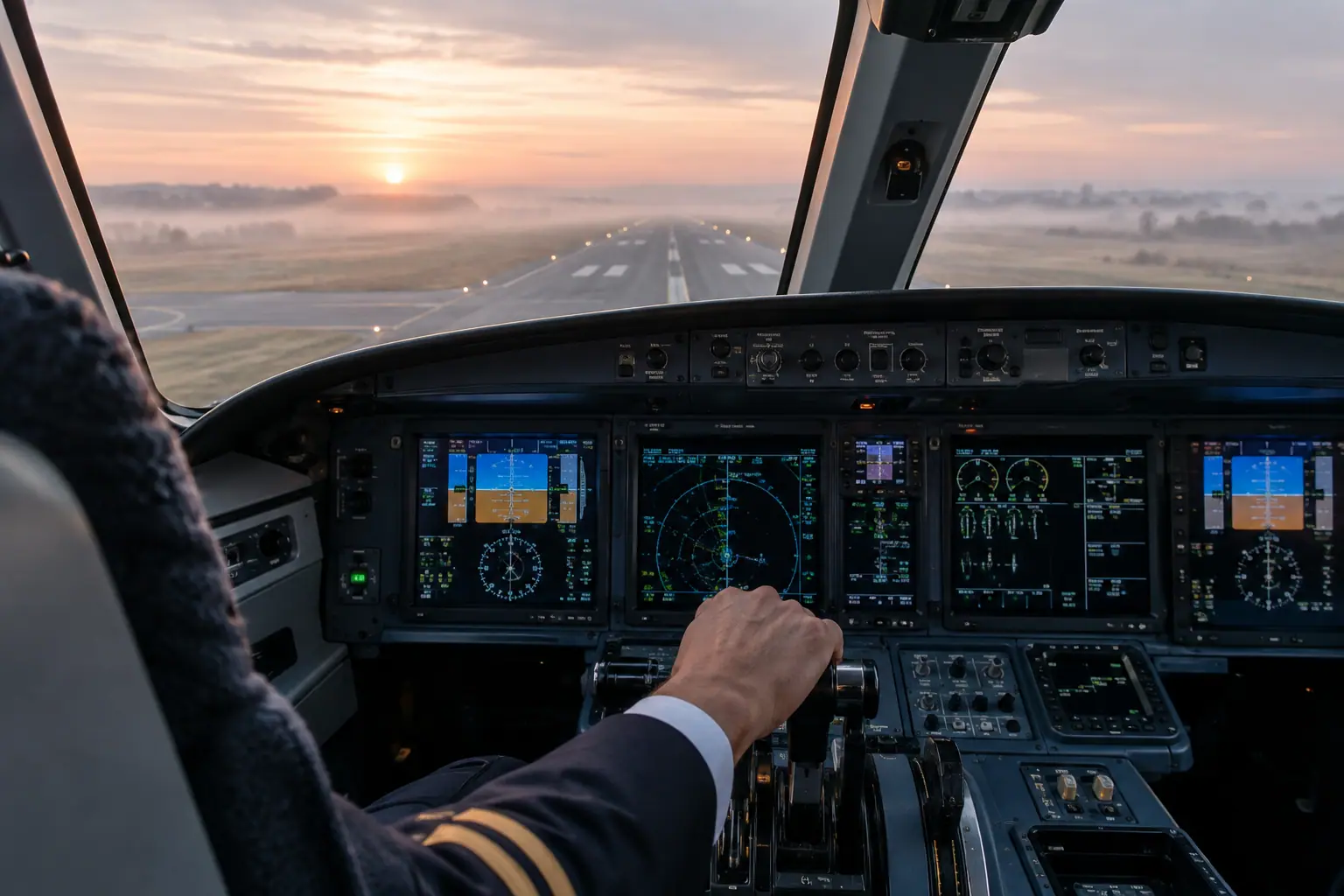 Business jet cockpit before departure